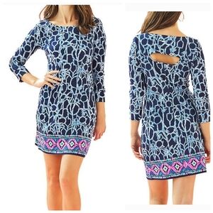 Lilly Pulitzer Hollee Dress Jersey Knit Cutout High Tide Navy Lucky Bamboo XS